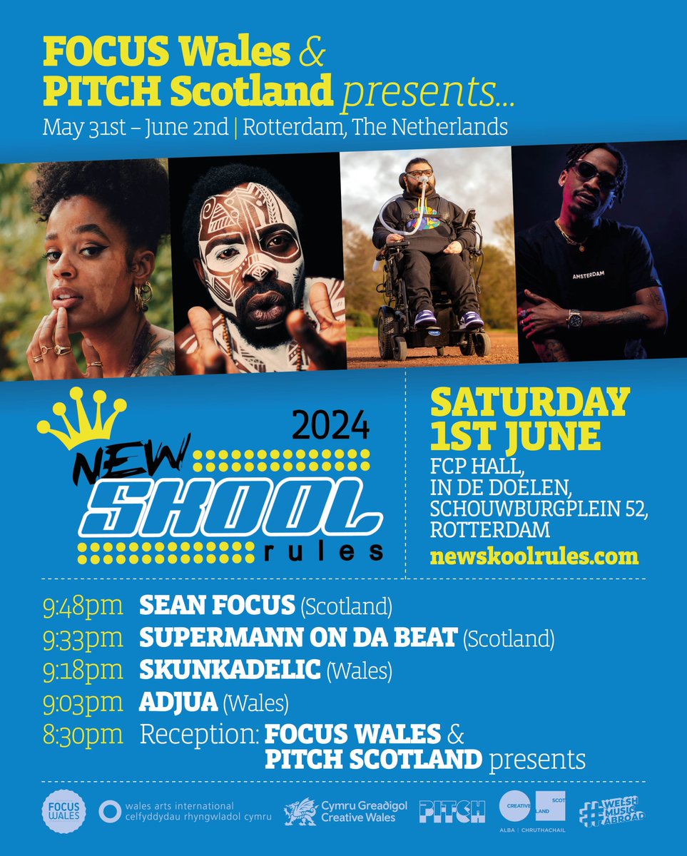 Hoi #Rotterdam 🇳🇱 We're excited to be co-hosting a reception & showcase at New Skool Rules 2024 on 1st June in collaboration with @PitchScotland 🏴󠁧󠁢󠁷󠁬󠁳󠁿🤝🏴󠁧󠁢󠁳󠁣󠁴󠁿 followed by a showcase with 2 exciting new Welsh artists #ADJUA and @Skunkadelicuk newskoolrules.com #WelshMusicAbroad