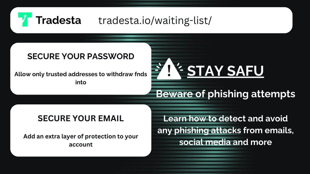 Are you taking the necessary steps to stay SAFU? Here are a few basic tips to help you keep your account safe. #TradeSta #Crypto #Security