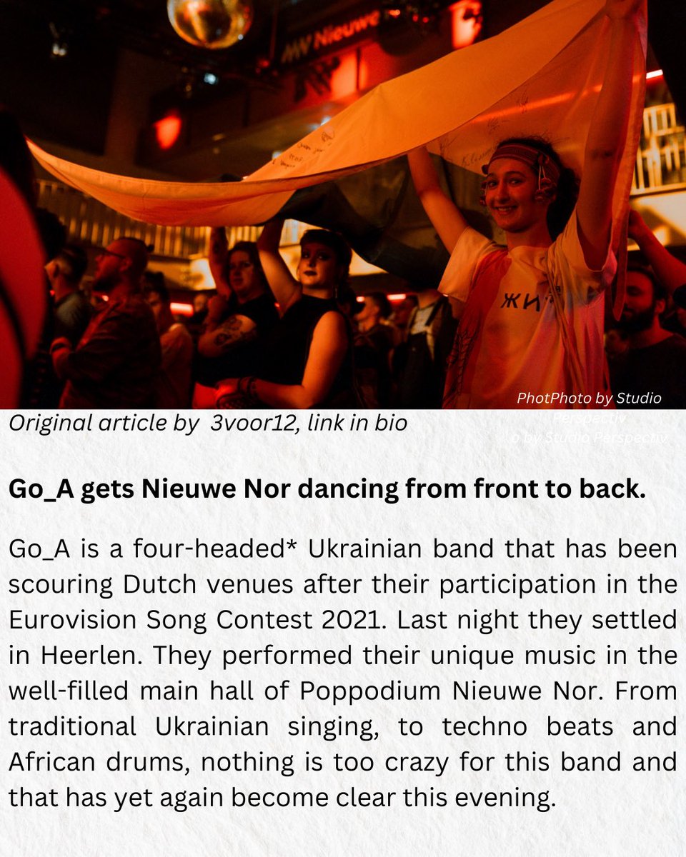 _Go_A_'s tweet photo. Here you can read how we kicked-off our spring tour in Heerlen! Stay tuned for more! 
Pssst! Grab your tickets to our Ukrainian Magic Tour 2024 in bio! See you see you! 
#go_a #go_a_band #shum #ukrainianmagic #ukrainainmusic #ukraine #eurovision #eurovisionsongcontest #eurovision2021 #eurovisionsongcontest2021 #monokate #tour #bandtour #music #elecronicmusic