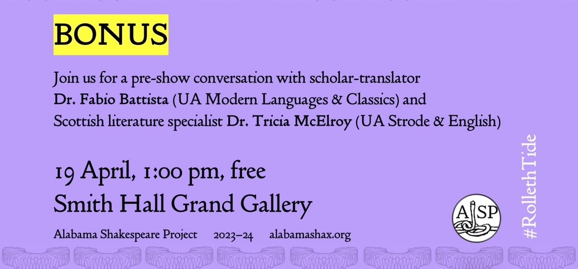 Strode Program (@hudstrode) on Twitter photo Before the show be sure to join us in Smith Hall ( <a href="/UAMNH/">Alabama Museum of Natural History</a> ) at 1:00pm for a conversation with scholar-translator Dr. Fabio Battista and Scottish literature specialist, Dr. Tricia McElroy! 
#RollethTide Before the show be sure to join us in Smith Hall ( <a href="/UAMNH/">Alabama Museum of Natural History</a> ) at 1:00pm for a conversation with scholar-translator Dr. Fabio Battista and Scottish literature specialist, Dr. Tricia McElroy! 
#RollethTide