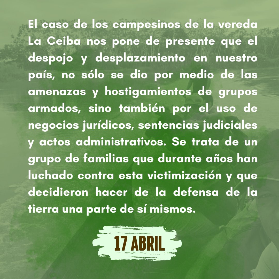 cjyiracastro's tweet photo. Hoy, Día Internacional de la Lucha Campesina, reconocemos y celebramos la larga lucha de las familias de la vereda la Ceiba, del municipio de Puerto Wilches, quienes han defendido incansablemente sus derechos como víctimas del delito de despojo de tierras. #LuchaCampesina #DDHH https://t.co/4B2iMkJ64m