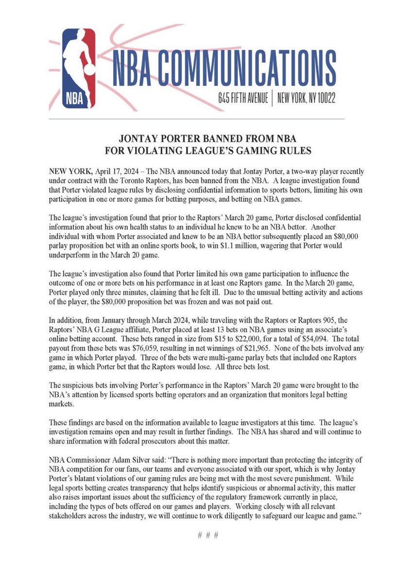 Statement on Raptors’ Jontay Porter being banned from NBA for violating league’s gaming rules: