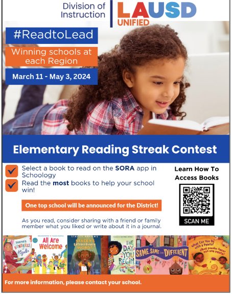 Our Elementary Reading Streak Contest is in full force. Keep checking out books on #sora. Travel to new places, learn about a historical figure, escape and discover new ideas…you’re only one click away. #LAUSDReads #Read2LeadLAUSD literacy movement.