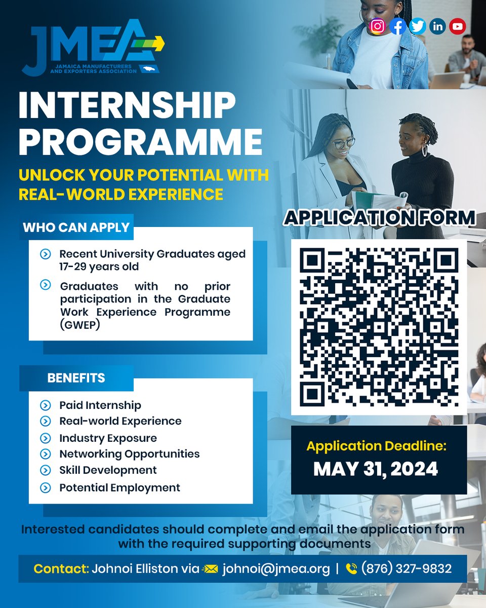 #DeadlineExtended May 31, 2024 Ready to kickstart your career? Scan the QR code to complete and send your applications to johnoi@jmea.org today! ✅ Eligibility: Bachelor's degree holders aged 17-29 who haven't participated in GWEP. #JMEAatWork #Internship #CareerOpportunity