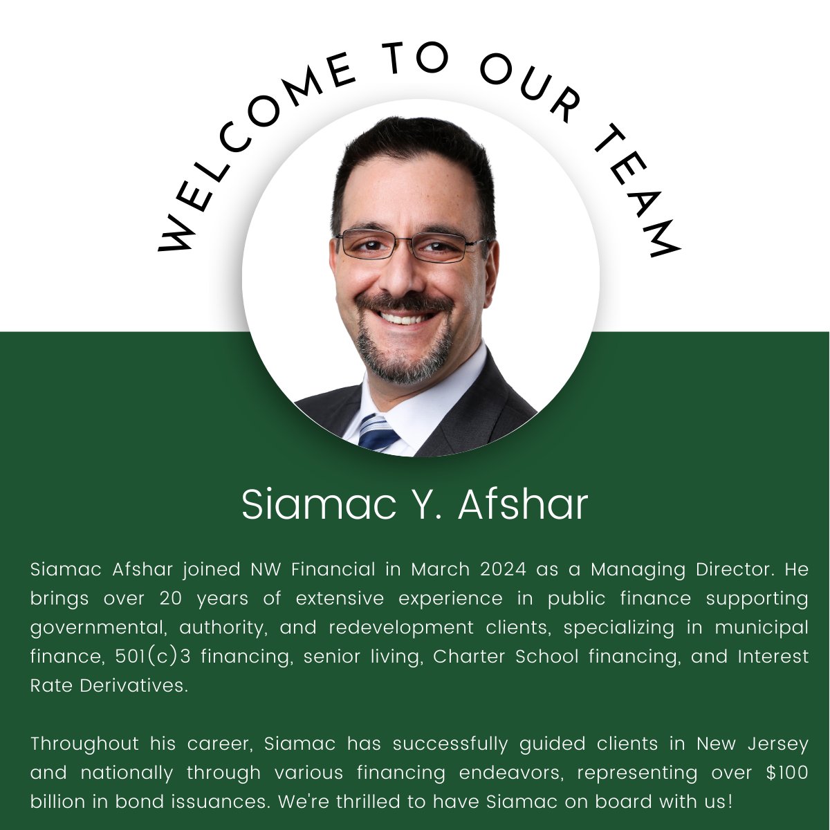 We're thrilled to welcome Siamac Y. Afshar to our team! 🌟 His expertise and enthusiasm are sure to bring fresh perspectives and new ideas to our projects. Join us in extending a warm welcome! 
#NewTeamMember #TeamGrowth #NWFinancial