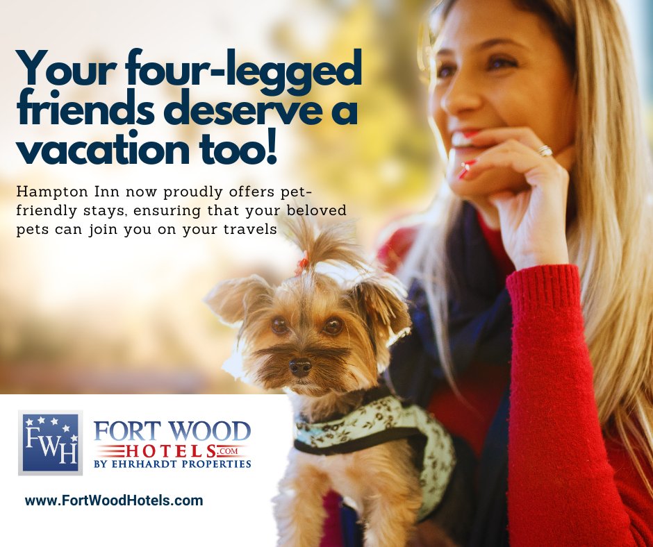Pet-Friendly Stays at Hampton Inn🐾🐕 
Traveling with pets? Our new pet-friendly policy welcomes your furry friends. #PetFriendly #TravelWithPets 

FortWoodHotels.com