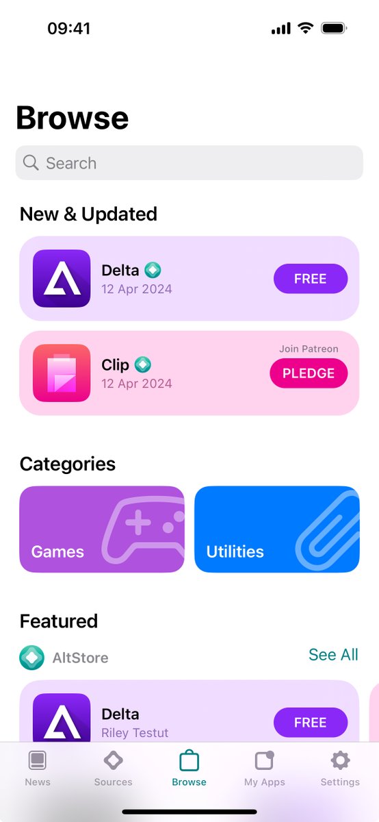 Screenshot of AltStore Browse tab with New & Updated and Featured sections, showing apps Delta and Clip