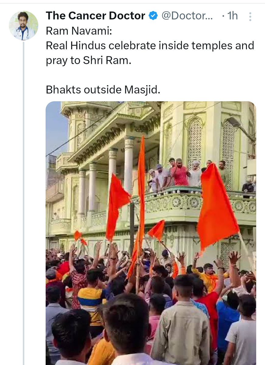 So Hussain @DoctorHussain96 has a problem that Bhakts are celebrating #RamNavami on a road outside a Masjid once in a year but he never has any problem with blocking of roads for Namaz every Friday.

Such a Secular Soul.