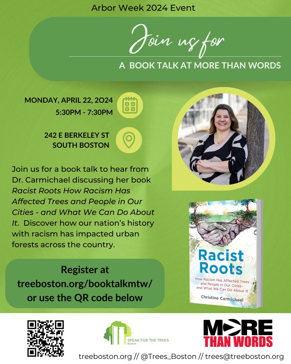 Speak for the Trees, Boston (@trees_boston) on Twitter photo Join us on 4/22 at 5:30pm at @mtwyouth w/ Christine Carmichael from <a href="/Fairforests/">Christine Carmichael, Ph.D.</a> discussing her book "Racist Roots: How Racism Has Affected Trees and People in Our Cities - and What We Can Do About It." See you there!
treeboston.org/events/event/r…
#EnvironmentalJustice Join us on 4/22 at 5:30pm at @mtwyouth w/ Christine Carmichael from <a href="/Fairforests/">Christine Carmichael, Ph.D.</a> discussing her book "Racist Roots: How Racism Has Affected Trees and People in Our Cities - and What We Can Do About It." See you there!
treeboston.org/events/event/r…
#EnvironmentalJustice