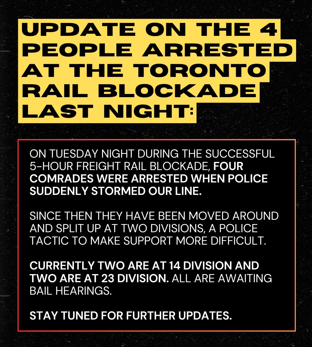 UPDATE: 4 were arrested last night when police suddenly stormed our successful 5-hour rail blockade. It’s taken many hours to identify, locate and connect each person with legal support. Every comrade in custody is and will be supported. Stay tuned for updates + calls to action.