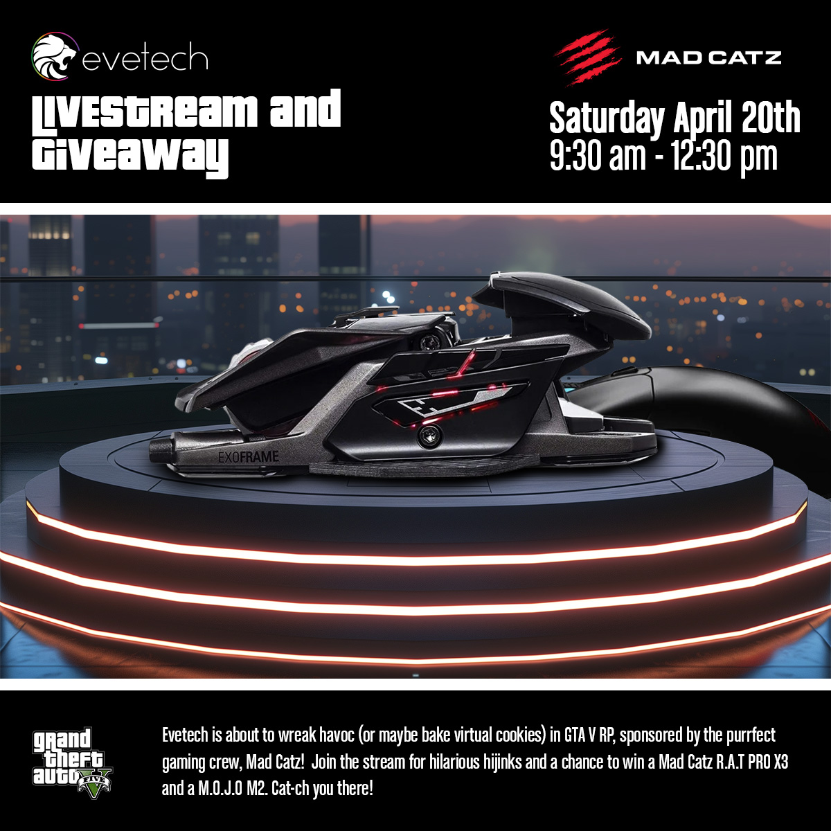 Experience next-level epicness and stand a chance to WIN a Mad Catz R.A.T PRO X3 and a Mad Catz M.O.J.O M2 throughout the stream!

🟪When: Saturday, April 20th
🟪Time: 9:30 am - 12:30 pm
🟪Where (to watch): loom.ly/iju8Rb0

Powered by @evetech

#livestream #giveaway
