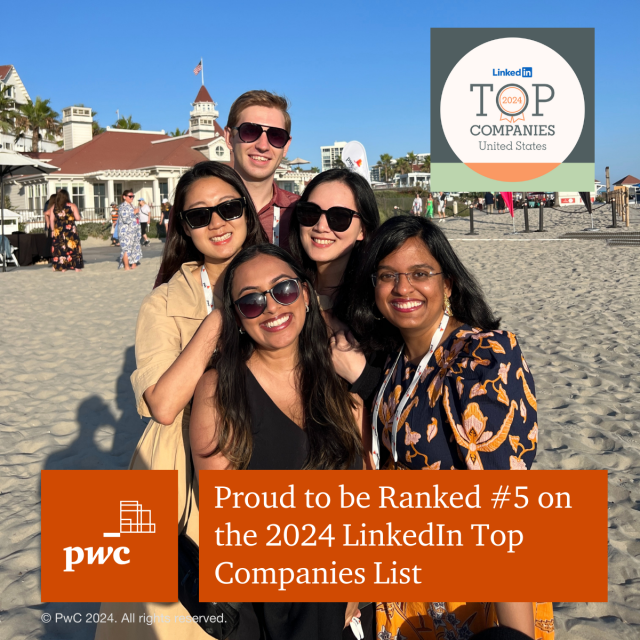 #PwCProud to be a part of a firm on LinkedIn Top Companies for 2024! PwC ranked #5 on this year’s list – our highest ranking yet! As our sixth time in a row on the list, this is a testament to the hard work that all of #TeamPwC brings every day. pwc.to/3JHCbcN