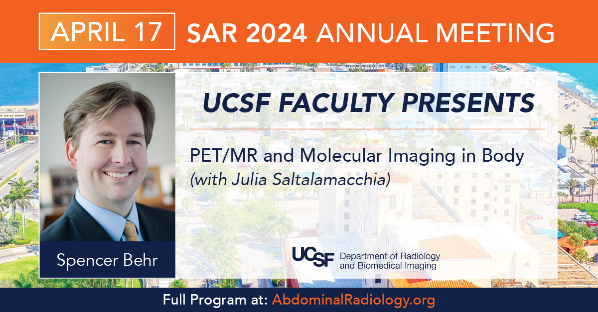 Coming up at #SAR24, @UCSFimaging's Dr. Spencer Behr will present on PET/MR & molecular imaging. Join us at 1:30 pm! @SocietyAbdRad