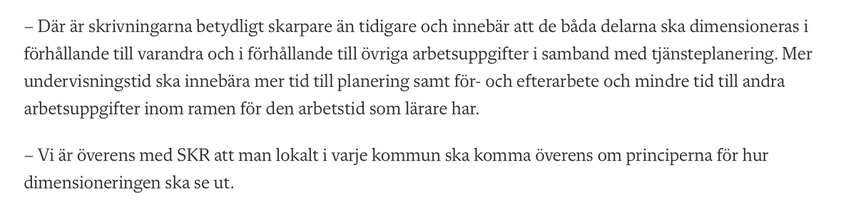 Angående reglering: 'Vi är överens med SKR att man lokalt i varje kommun ska komma överens om principerna för hur dimensioneringen ska se ut.' Det här så dumt att jag skäms för att mitt fack påstår det. Förlåt alla lärare. Stackars ombud. vilarare.se/nyheter/avtals…