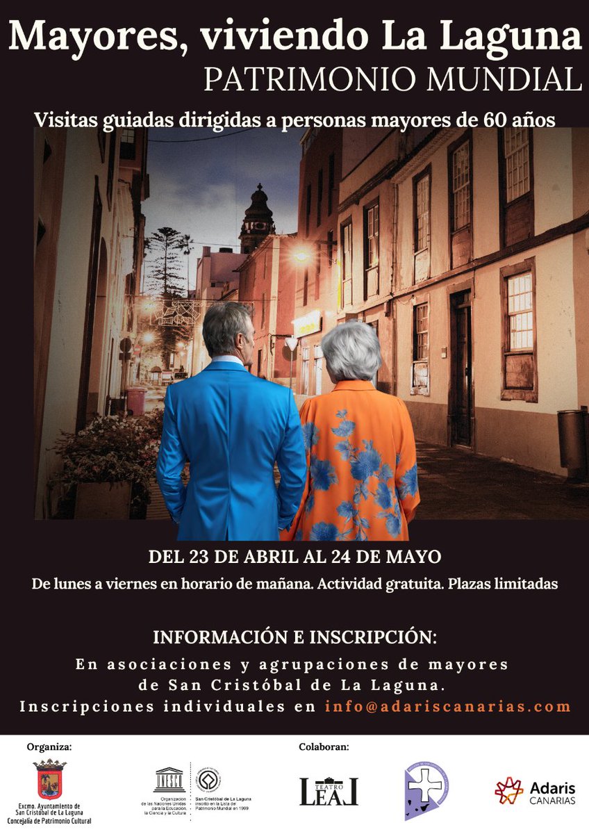 Queremos que toda la población participe de la celebración del #25aniversario de #LaLaguna como Ciudad Patrimonio de la Humanidad. 

👏Presentamos la nueva edición del programa de recorridos guiados y diseñados para las personas mayores.

ℹ️ Mas info en: info@adariscanarias.com