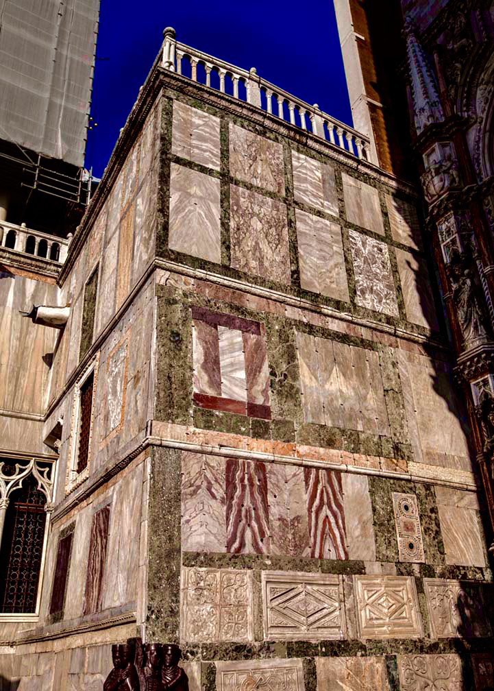 The exterior of St. Mark’s Basilica really shows itself in some areas as the result of a crusader pick & pull in Constantinople in 1204. It’s a random assortment of looted marble panels, relief sculptures, statues, and columns. It’s not always very gracefully put together!
