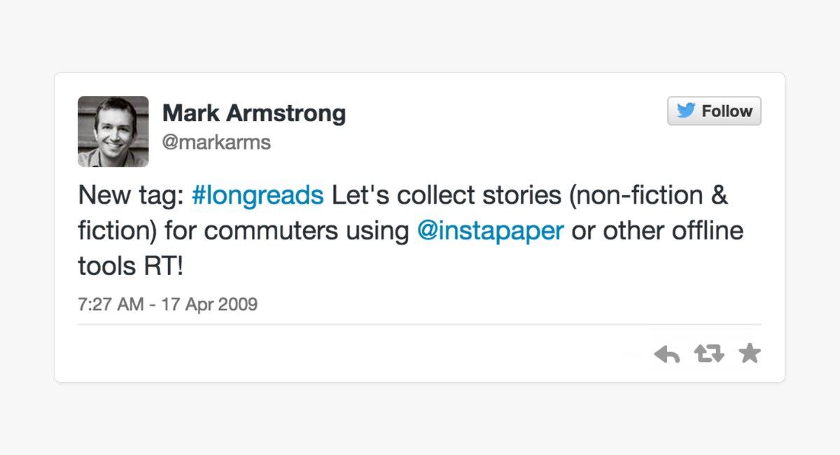 Longreads (@longreads) on Twitter photo On this day 15 years ago, <a href="/markarms/">Mark Armstrong</a> fired off a tweet.
As it turns out, that was the beginning of something special. On this day 15 years ago, <a href="/markarms/">Mark Armstrong</a> fired off a tweet.
As it turns out, that was the beginning of something special.