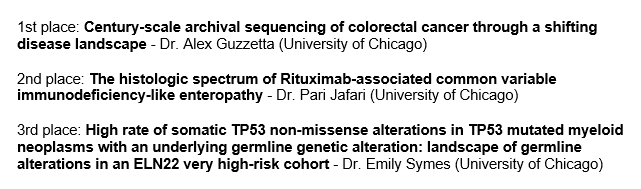 Congratulations to the 2024 Resident Research Awardees! Drs. @alex_guzzetta, Pari Jafari, and @emilyosymes from @UChicagoPath Register for the in-person mtg on May 11 to hear their presentations: chicagopathology.org/?page_id=170