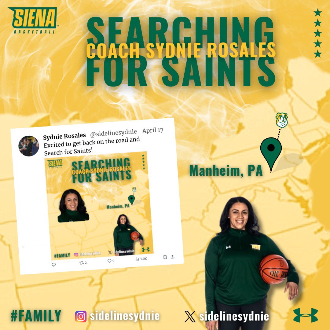 🛣️ And, we’re coming to your city‼️ Our coaches are hitting the road, searching for Saints😎 @SienaCoachPrimm ➡️ Hampton, VA & Hamilton, OH @Heather_Stec ➡️ Bryan, TX @sidelinesydnie ➡️ Manheim, PA #MarchOn x #SienaSaints x #Recruiting x #ExpectToWin