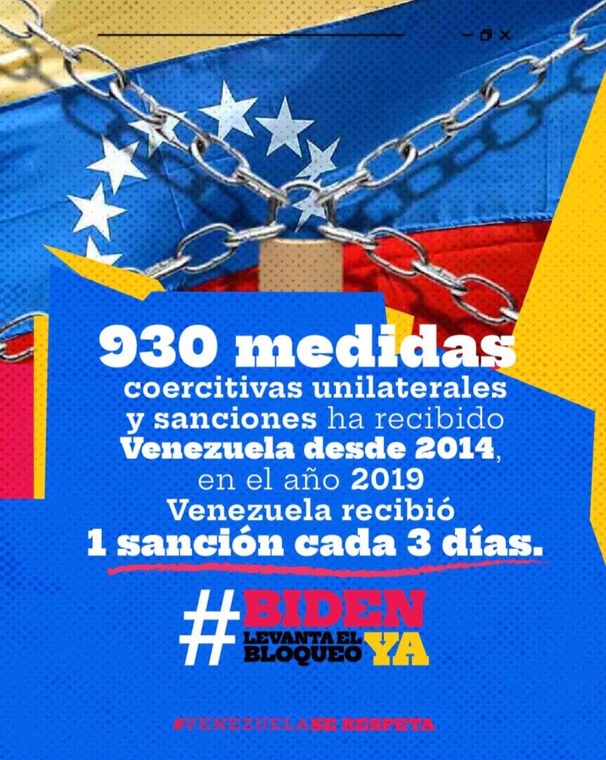 930 unilateral coercive measures have been received by Venezuela since 2014. In 2019, Venezuela received 1 UCM every 3 days. #BidenLevantaElBloqueoYa #VenezuelaSeRespetaYPunto