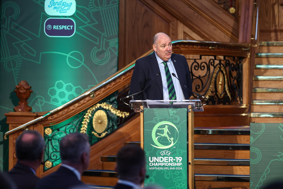 🗣 'Football in Northern Ireland is for all.' Our President, Conrad Kirkwood, welcomes attendees to Belfast for the @UEFA Euro U19 draw 🏆