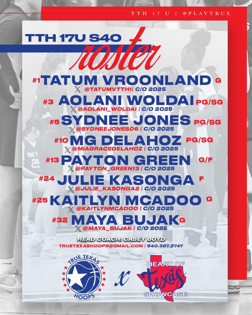 True Texas Hoops | Select 40 Circuit (@truetexashoops) on Twitter photo ๐ Heart of Texas (Frisco Fieldhouse)
๐๏ธ April 19-21 2024
๐ TTH 17U S40
๐ Head Coach <a href="/MrsBoyd32/">Casey Jackson Boyd</a>
Full 2025 roster looking to play at the next level. Come out and watch them compete!
<a href="/MiaGraceDelahoz/">MiaGrace Delahoz</a> <a href="/SydneeJones/">Sydnee Jones</a> <a href="/aolani_woldai/">AolaniWoldai</a> Tatum Vroonland <a href="/Maya_Bujak/">Maya Bujak</a> <a href="/kaitlynmcadoo/">Kaitlyn</a> ๐ Heart of Texas (Frisco Fieldhouse)
๐๏ธ April 19-21 2024
๐ TTH 17U S40
๐ Head Coach <a href="/MrsBoyd32/">Casey Jackson Boyd</a>
Full 2025 roster looking to play at the next level. Come out and watch them compete!
<a href="/MiaGraceDelahoz/">MiaGrace Delahoz</a> <a href="/SydneeJones/">Sydnee Jones</a> <a href="/aolani_woldai/">AolaniWoldai</a> Tatum Vroonland <a href="/Maya_Bujak/">Maya Bujak</a> <a href="/kaitlynmcadoo/">Kaitlyn</a>