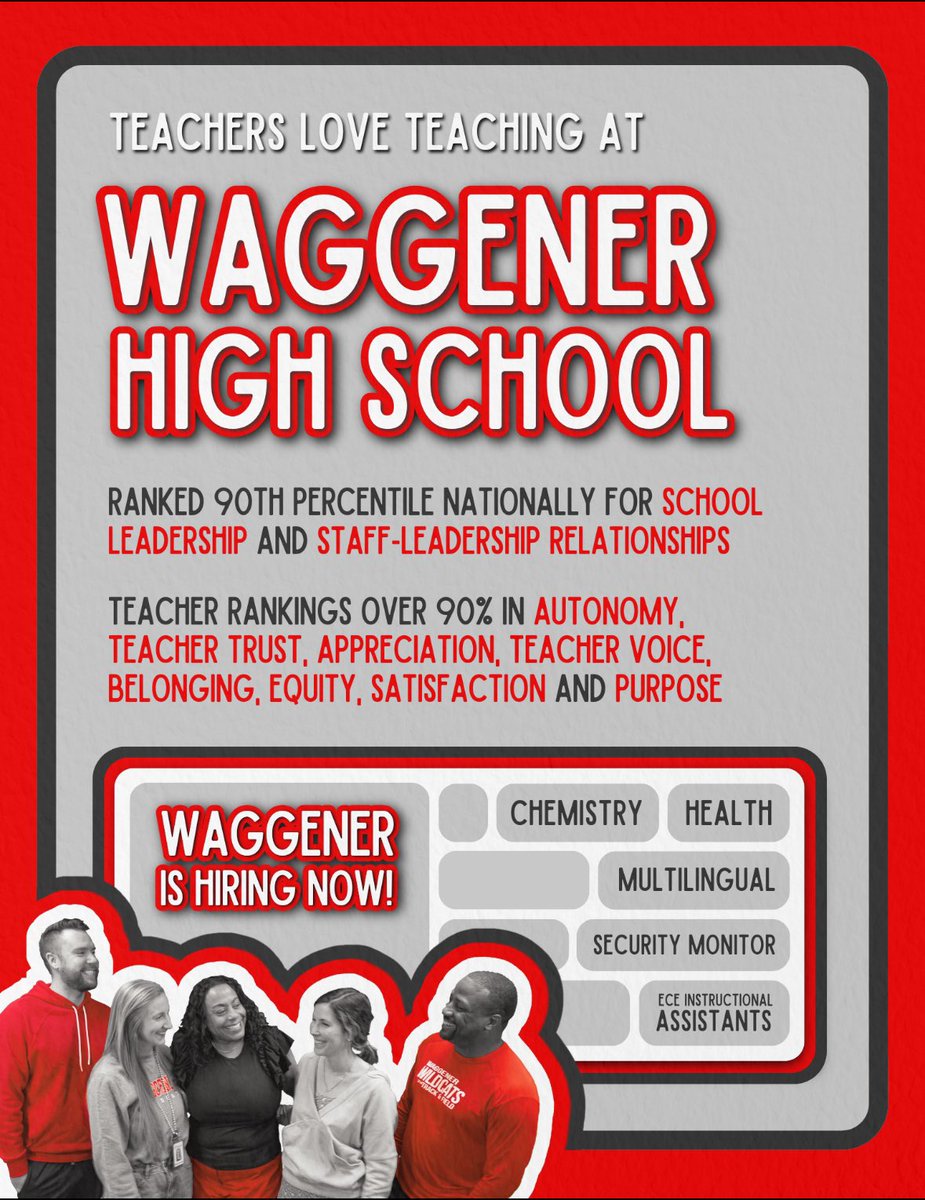 Current teachers, transfer to our dynamic team at Waggener High School! Are you passionate about shaping young minds and making a difference? We’re seeking enthusiastic teachers to inspire, educate, and empower our students. tinyurl.com/waggenertransf… #WhyWaggener