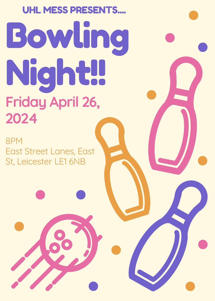 Join us for a fun night of bowling at the next Doctors Mess Social!! Feel free to bring your friends and colleagues along. Look forward to seeing you all there!!🤝🤝🎳🎳 Time⏱️ 8:00pm  Location📍 East Street Lanes, East St, Leicester LE1 6NB