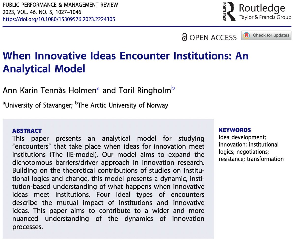 Public Performance & Management Review (@ppmr_new) on Twitter photo “When Innovative Ideas Encounter Institutions: An Analytical Model” Check out this featured article by <a href="/AnnKarinTHolmen/">Ann Karin T. Holmen</a> (<a href="/UniStavanger/">Universitetet i Stavanger</a>) and Toril Ringholm (<a href="/uarctic/">UArctic</a>). Read more here: doi.org/10.1080/153095… “When Innovative Ideas Encounter Institutions: An Analytical Model” Check out this featured article by <a href="/AnnKarinTHolmen/">Ann Karin T. Holmen</a> (<a href="/UniStavanger/">Universitetet i Stavanger</a>) and Toril Ringholm (<a href="/uarctic/">UArctic</a>). Read more here: doi.org/10.1080/153095…