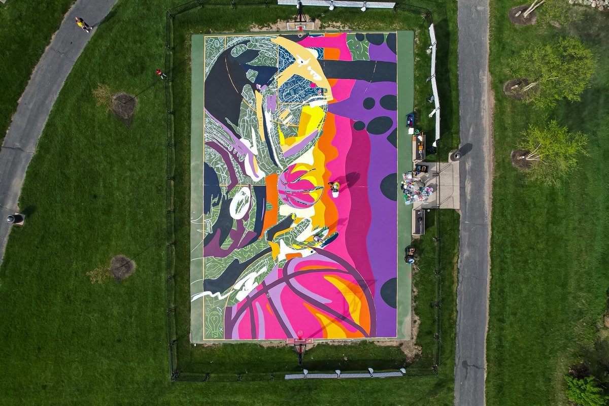 FishersIN's tweet photo. We're halfway there! Brooks School Park basketball courts looking great so far thanks to @kodawitsken & @NBA player Gary Harris. #FishersArt
Sign up for @fishersparks 3-on-3 Tournament + 3-Point Contest on the day of the mural unveiling, 5/18! https://t.co/HX5M7OMF7z. https://t.co/RIM4eZVnoE