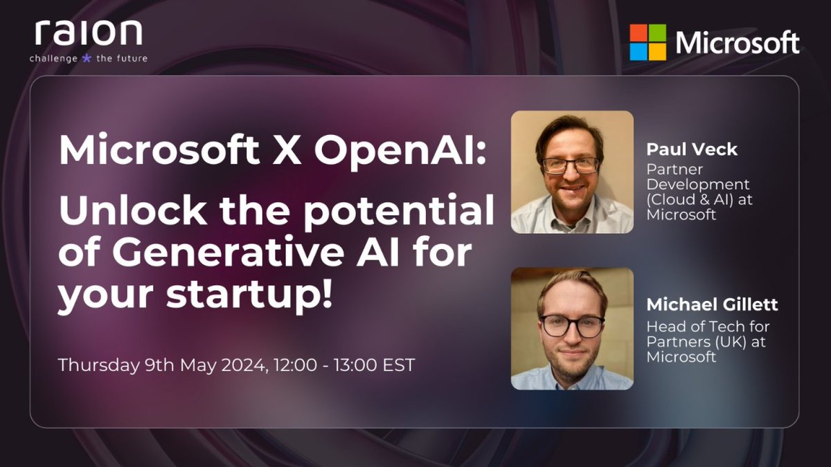 tarikio's tweet photo. Exciting news for tech startups! 

Join us for an exclusive event co-hosted by Raion and Microsoft, where we'll unlock the potential of Generative AI for your business. 

https://t.co/b1ClinT3Kf

#GenerativeAI #TechInnovation #MicrosoftAI #StartupGrowth #startup #share https://t.co/ynZKsKqfvN