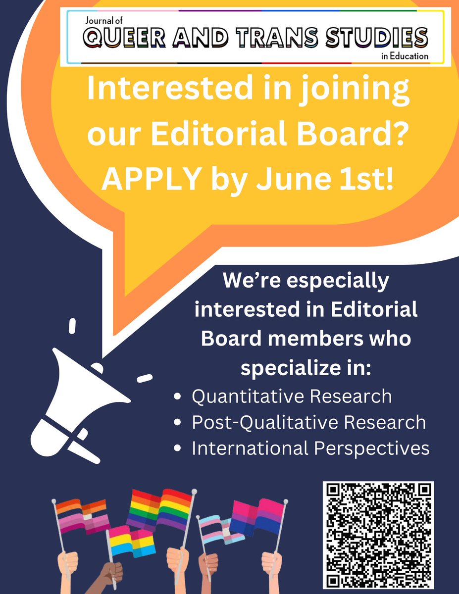 Interested in joining JQTSIE's Editorial Board? Apply by June 1st! docs.google.com/forms/d/e/1FAI… @KamdenStrunk @ant_duran @stepshel78 @aeraqueersig @GSEA_NCTE @AERA_EdResearch