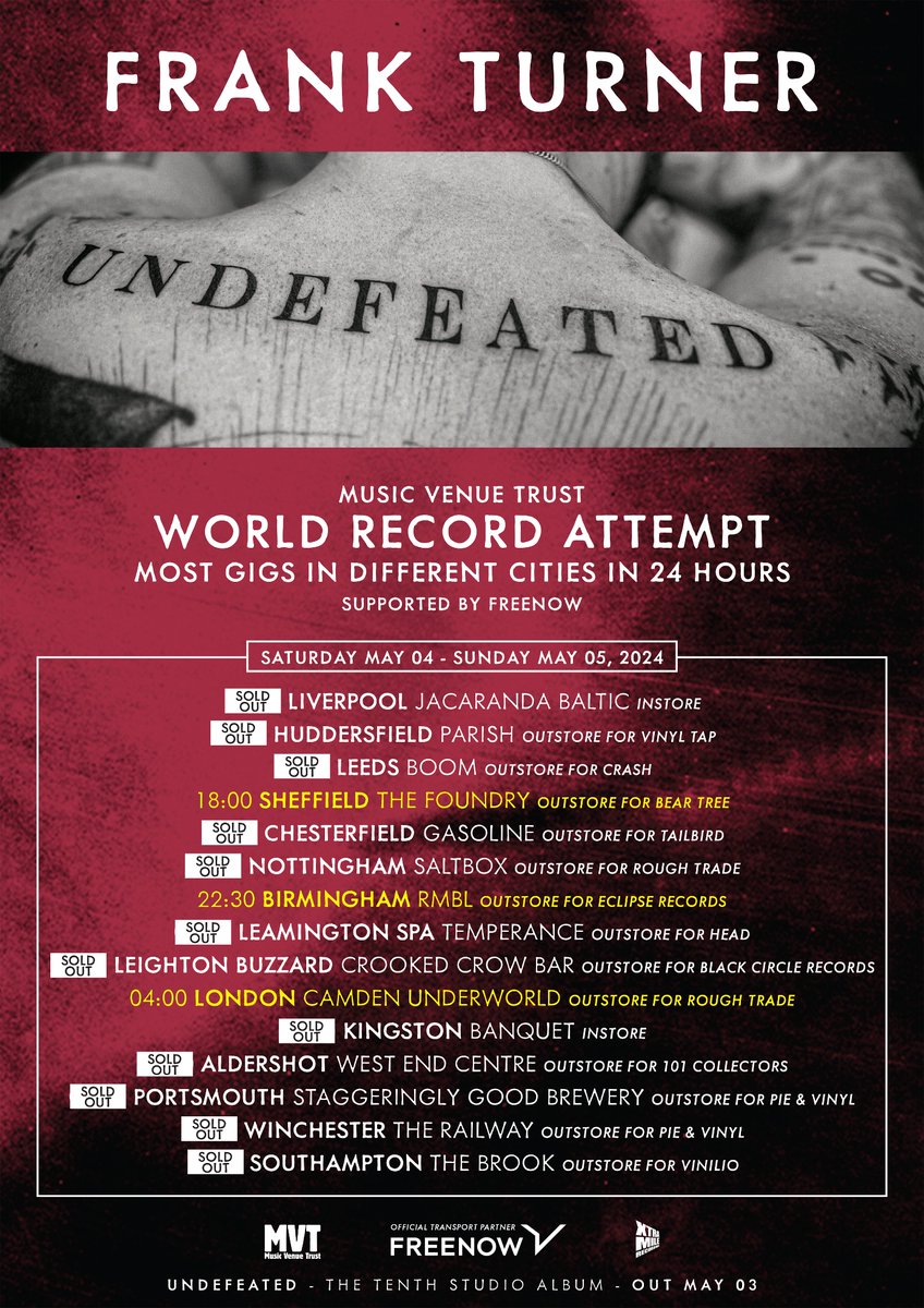 Only Birmingham, Sheffield and London have any tickets left for the world record attempt indie venues madness. Going fast. frankturner.orcd.co/mvtwrtickets