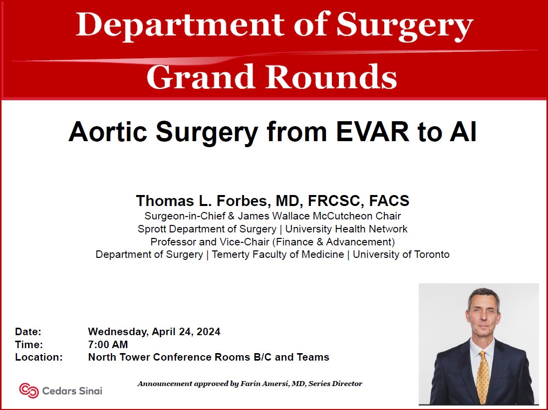 Join us next Wednesday, April 24th at 7:00AM for our #Surgery #GrandRounds with Dr. Thomas Forbes @TL_Forbesfrom @UHN_Surgery! 🏢In-Person: NT B/C ➡️Virtual Meeting Link: microsoft.com/microsoft-team… 👉Meeting ID: 296 554 141 65 👉Passcode: cTBwDM