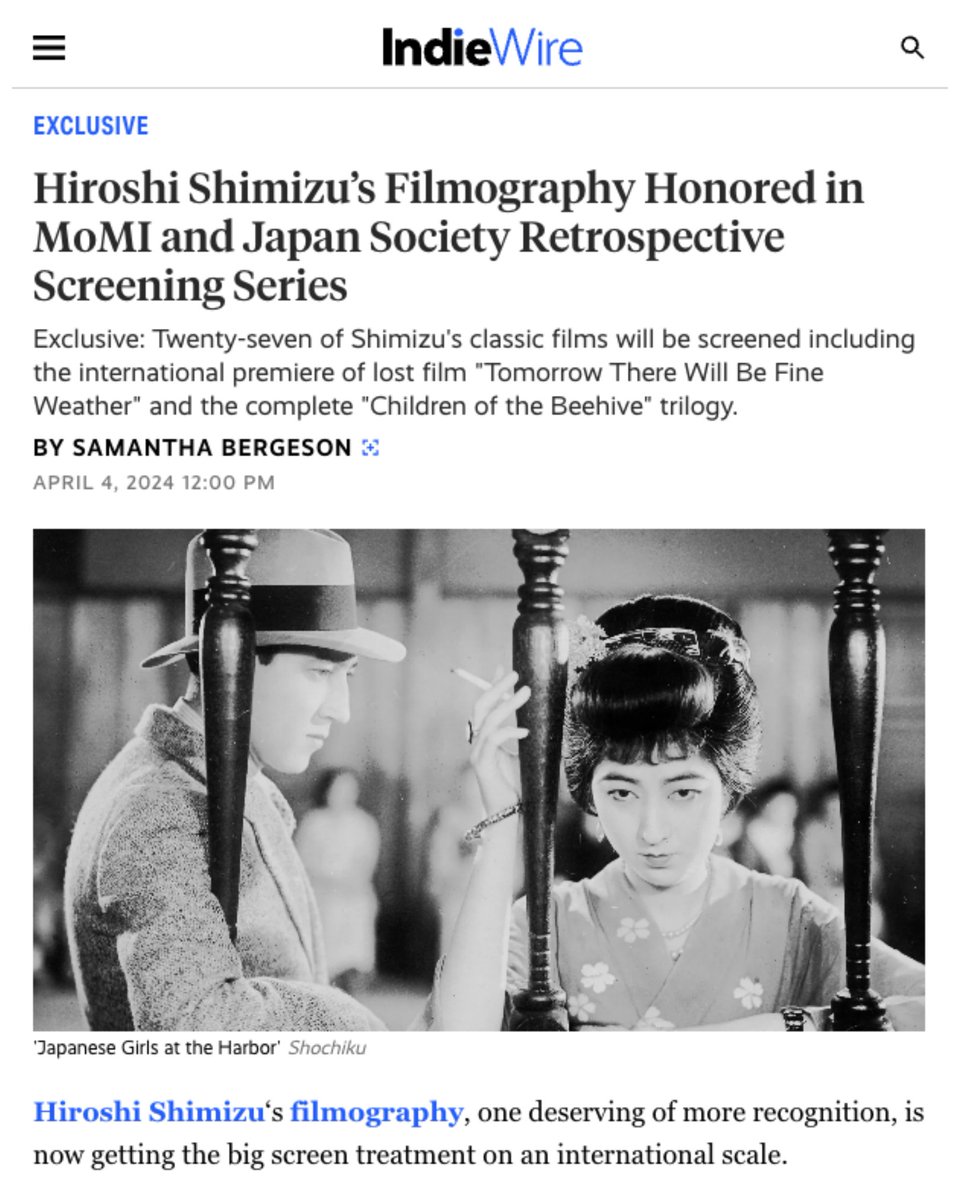 In case you missed it, tickets for “Hiroshi Shimizu - Part II: The Postwar and Independent Years” (May 16–June 1) at Japan Society are NOW on sale. Check out @indiewire’s exclusive on the groundbreaking series & view the full lineup here: japansoc.org/Shimizu