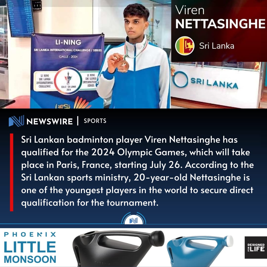 NewsWireLK's tweet photo. Sri Lankan badminton player Viren Nettasinghe has qualified for the 2024 Olympic Games, which will take place in Paris, France, starting July 26. https://t.co/FKDb2t2x2q
