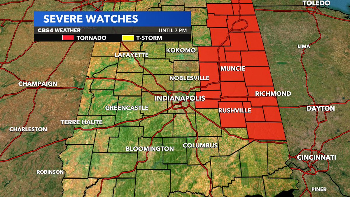 A TORNADO WATCH has been issued for parts of our viewing area until 7 PM. Know your severe weather safety plan and stay alert the next few hours. #INwx @CBS4Indy @theWXauthority