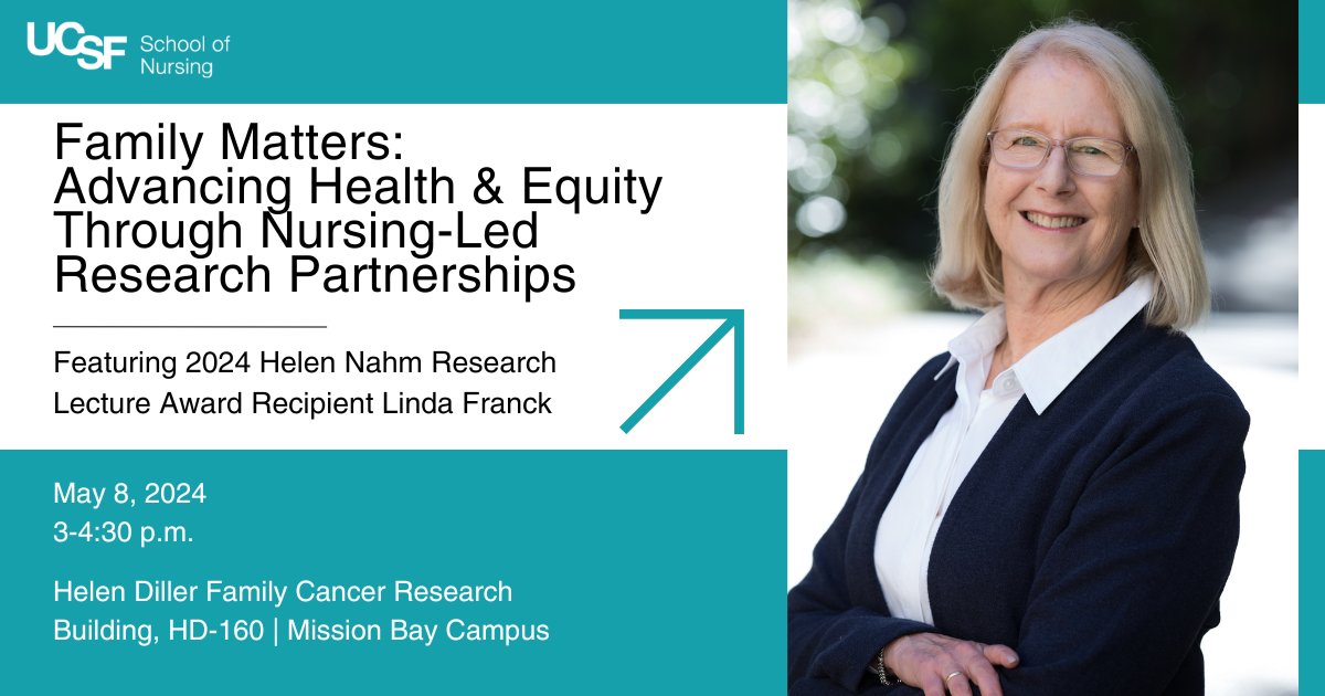 Congratulations to professor Linda Franck, PhD, RN, FAAN, recipient of the 43rd Helen Nahm Research Lecture Award in honor of her outstanding contributions to nursing science and research 🎉 Join us during #NationalNursesWeek celebrate! Register: ucsf.co1.qualtrics.com/jfe/form/SV_db…