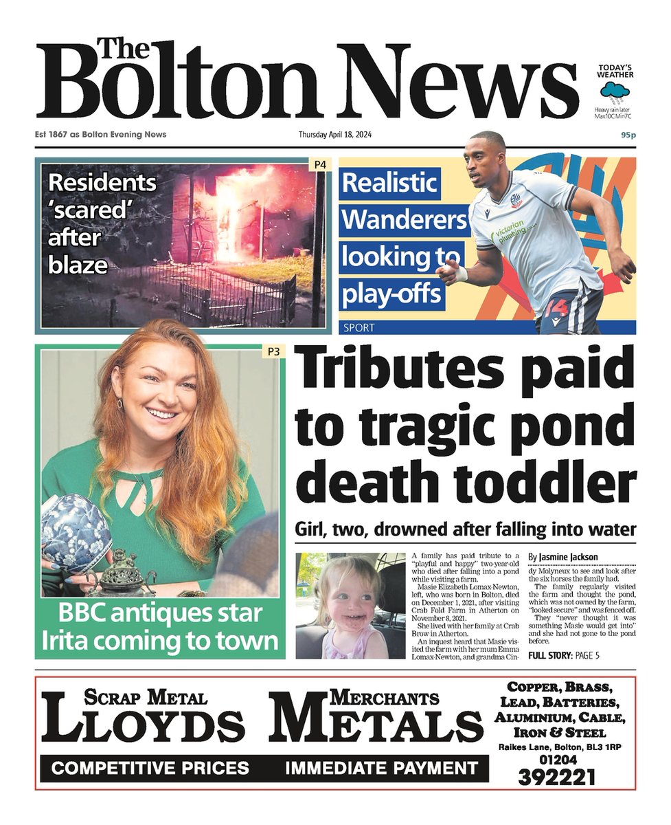 Front page of Wednesday's @TheBoltonNews📰

#TomorrowsPapersToday #Bolton #GreaterManchester #BuyAPaper #LocalNewsMatters #Newsquest #BWFC #CourtNews #CrimeNews #BoltonWanderers #BoltonNews #BoltonCouncil