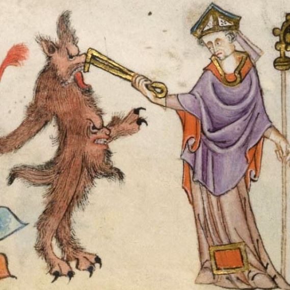Aïe ! Un #démon corrigé par un #évêque , The Luttrell Psalter, v. 1325. 
British Library, Add MS 42130, f. 54v. 
#art #medieval #moyenage