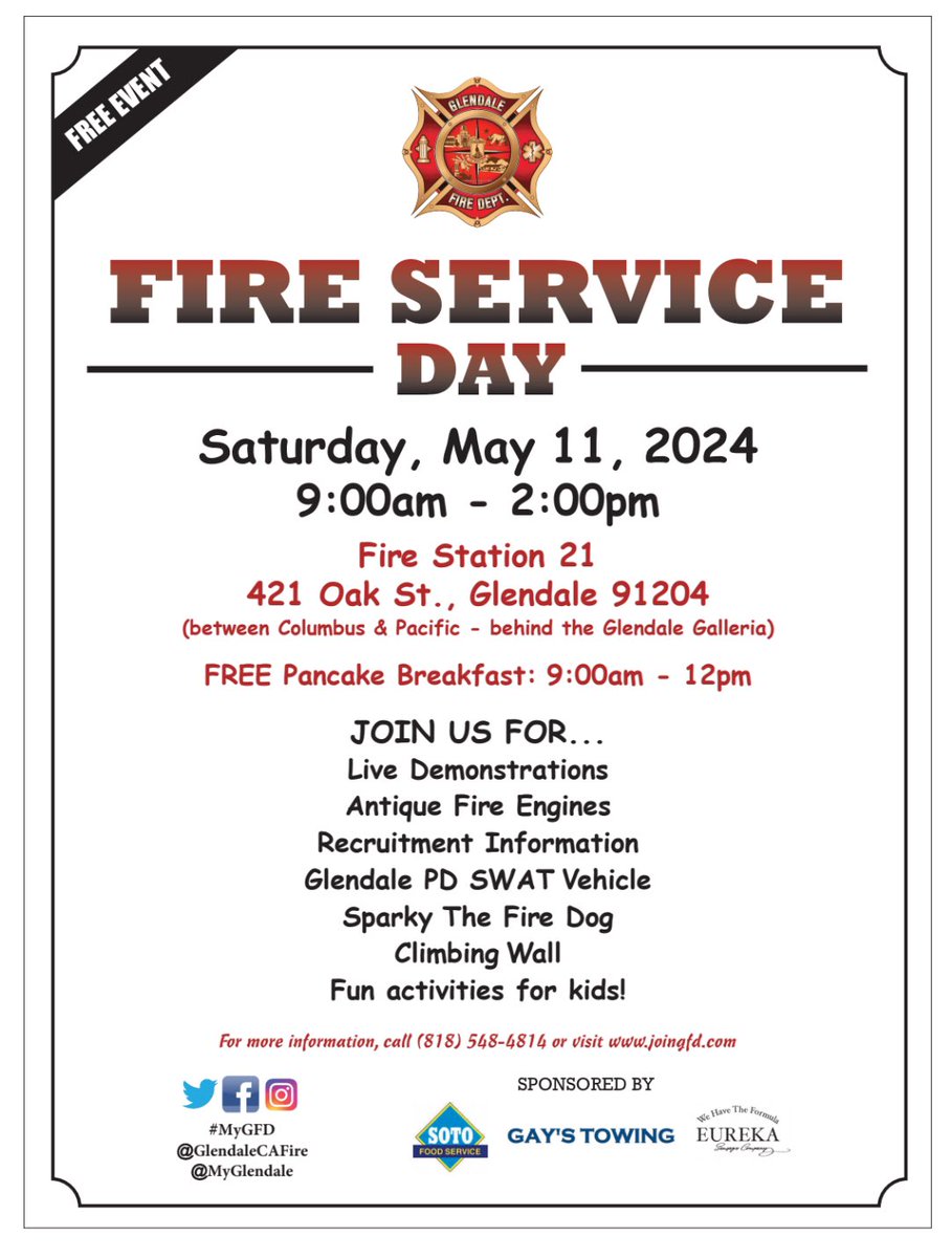 Save the date! Join your GFD on #FireServiceDay! It’s a great day family fun where you can meet your first responders and get a glimpse of some of the work we do! #mygfd #myglendale