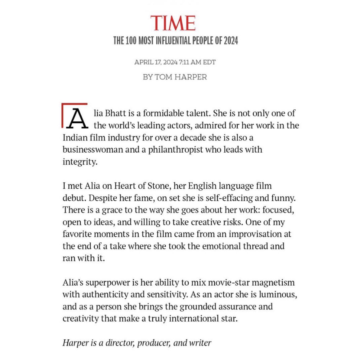 Ecstatic to write a piece on the incomparable <a href="/aliaa08/">Alia Bhatt</a> for <a href="/TIME/">TIME</a> Magazine’s 100 Most Influential People, 2024. ❤️ #TIME100 

time.com/6964747/alia-b…
