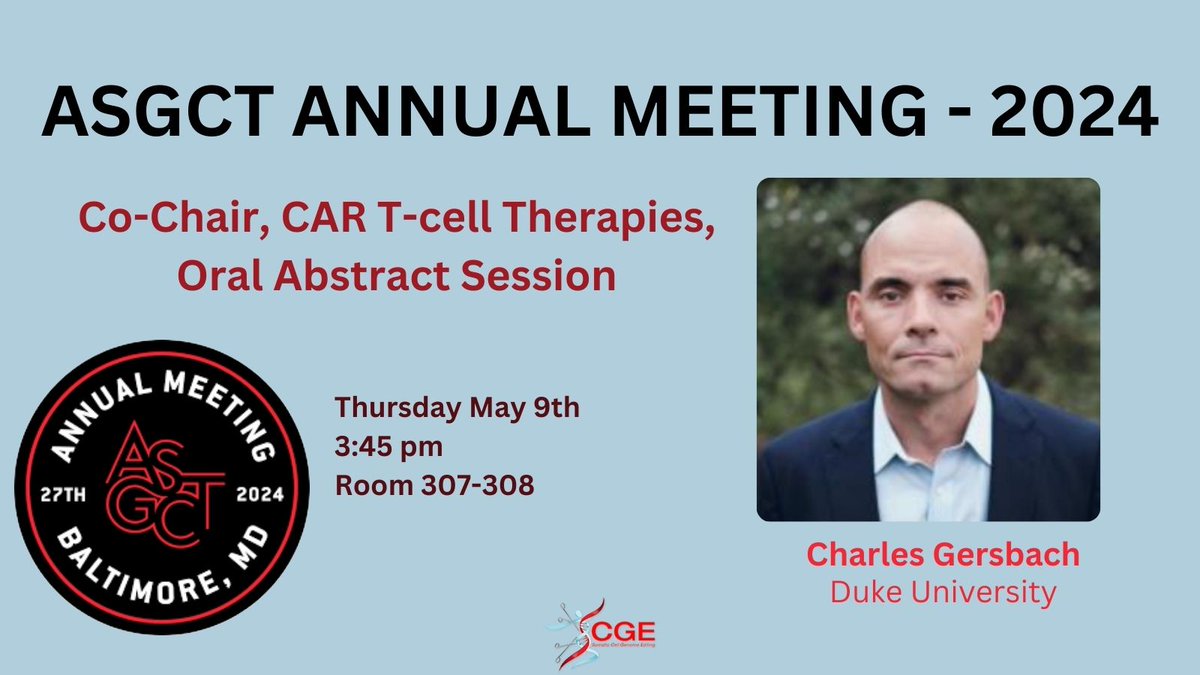 SCGE Phase 1 researcher Charles Gersbach (@cgersbach) is co-chairing a session on CAR T-cell therapies at 3:45 today. Check it out! #ASGCT2024