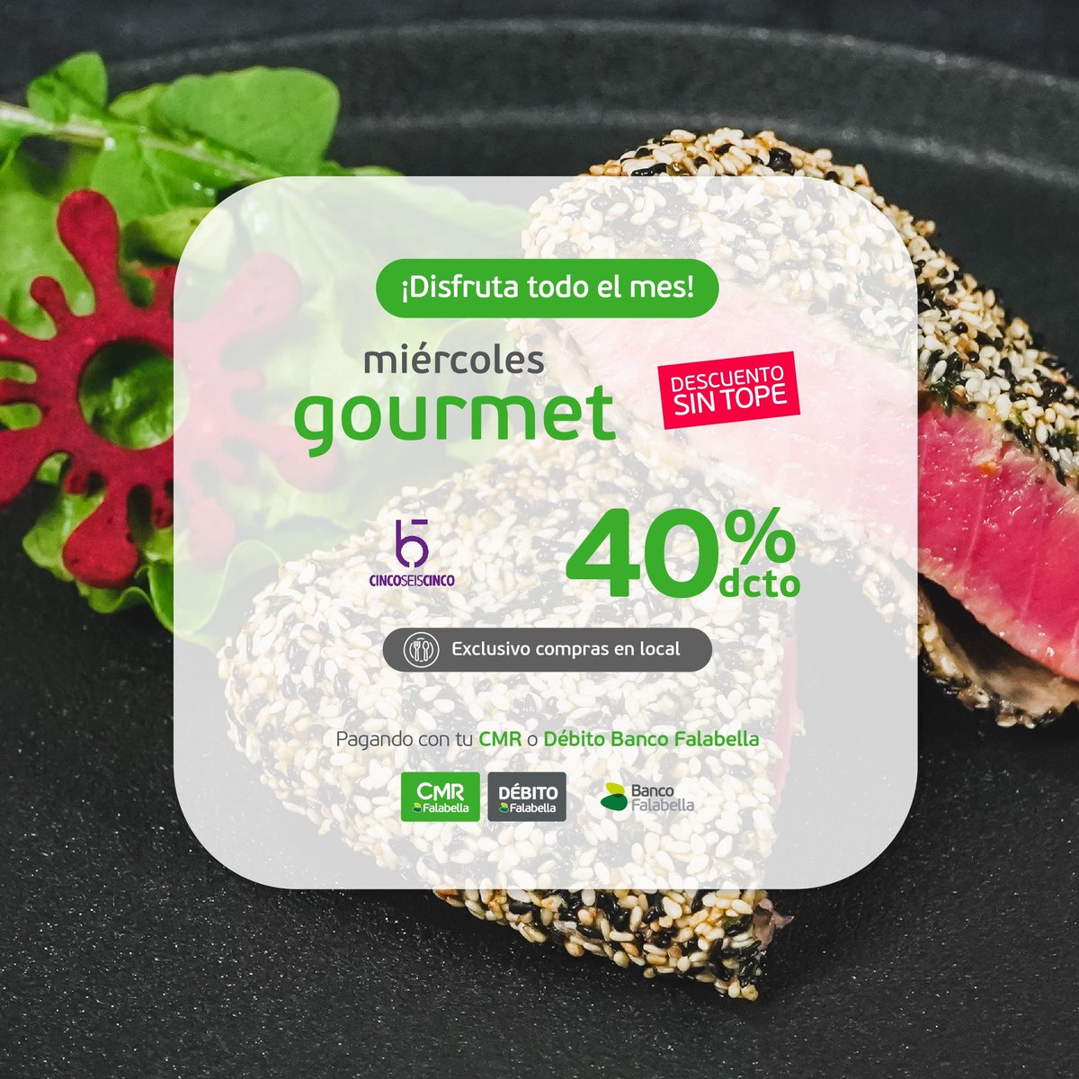 FourPointsLA's tweet photo. Miércoles Gourmet 🍽️ Disfruta de un 40% de descuento pagando con tus tarjetas de Débito o CMR Banco Falabella @bancofalabellacmr  todos los días miércoles del mes de abril en Restaurante 565 a la hora de almuerzo y cena. 
+ info https://t.co/wkxDR4AHBa https://t.co/lH4gGwiU4J