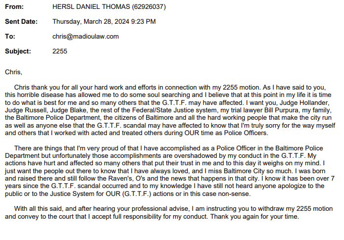 'I accept full responsibility' After appeals court denied latest attempt to be released from prison as he deals w cancer, convicted Gun Trace Task Force detective Daniel Hersl apologizes for his conduct & asks atty to drop his appeals. He has steadfastly denied wrongdoing til now