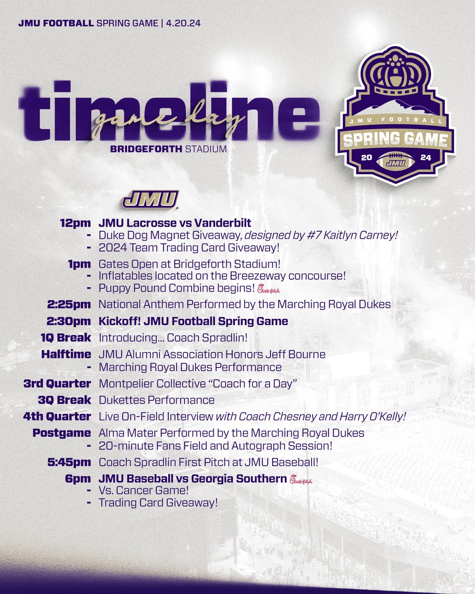 Saturday is going to be a lot of fun 🥍🏈⚾️ Here's the full timeline for the JMU tripleheader! #GoDukes