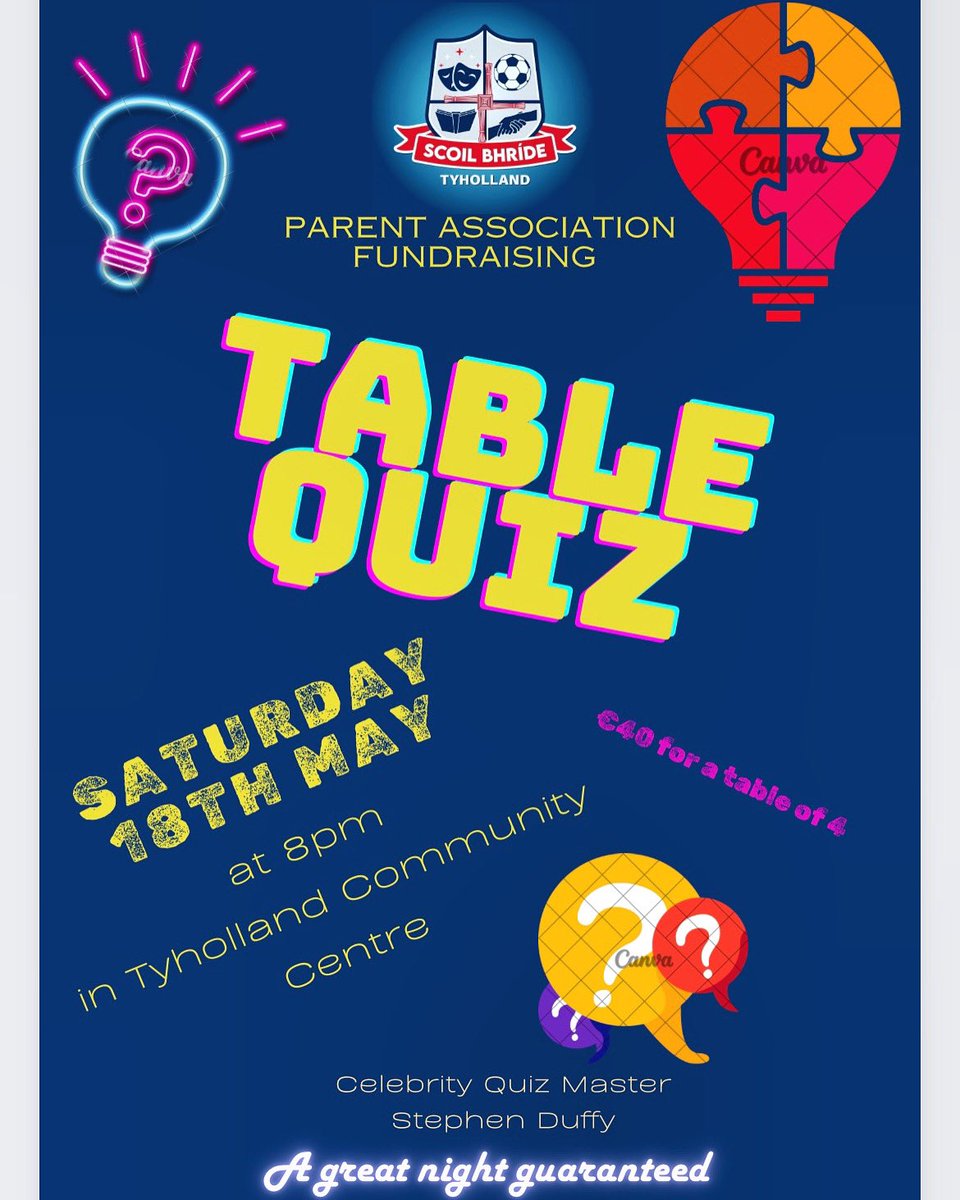 Please support our Parent Association Fundraising Table Quiz on Saturday 18th May in #TyhollandCommunityCentre!Celebrity quiz master Stephen Duffy with us on the night! Thank you to our  PA for organising &amp; to everyone involved! A great night guaranteed! All support appreciated.
