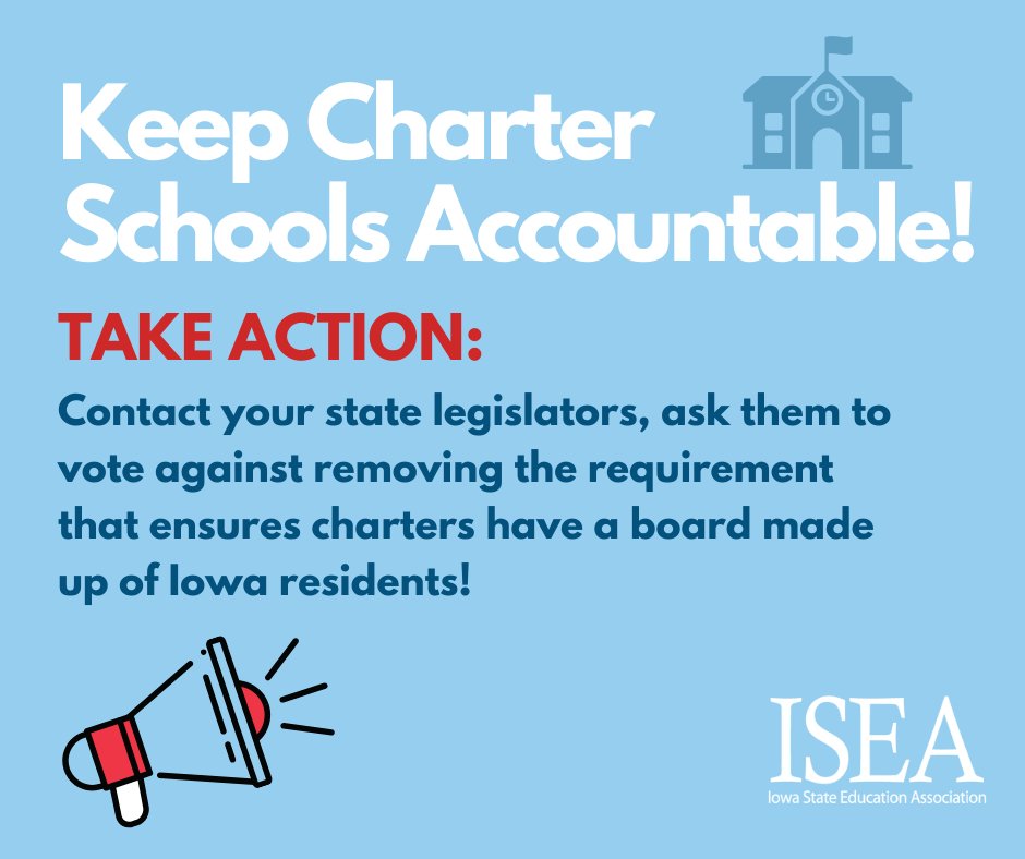 ❗ ❗ Alert❗ ❗ Keep Charter Schools Accountable! SF 2368 and HF 2543 are both eligible for debate. Contact your state legislators, ask them to vote against removing the requirement that ensures charters have a board made up of Iowa residents: bit.ly/41UR6bw