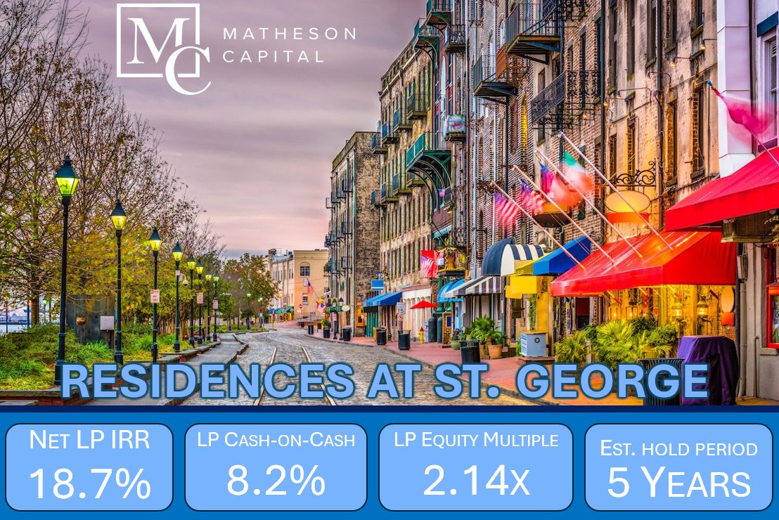 We are thrilled to announce that Residences at St. George is scheduled to close on May 10th. If you haven't seen this investment opportunity already, here's what you need to know: - 2.95% Loan Assumption with 8+ Years of Term Remaining - 8%+ Average Cash on Cash - 12%+…