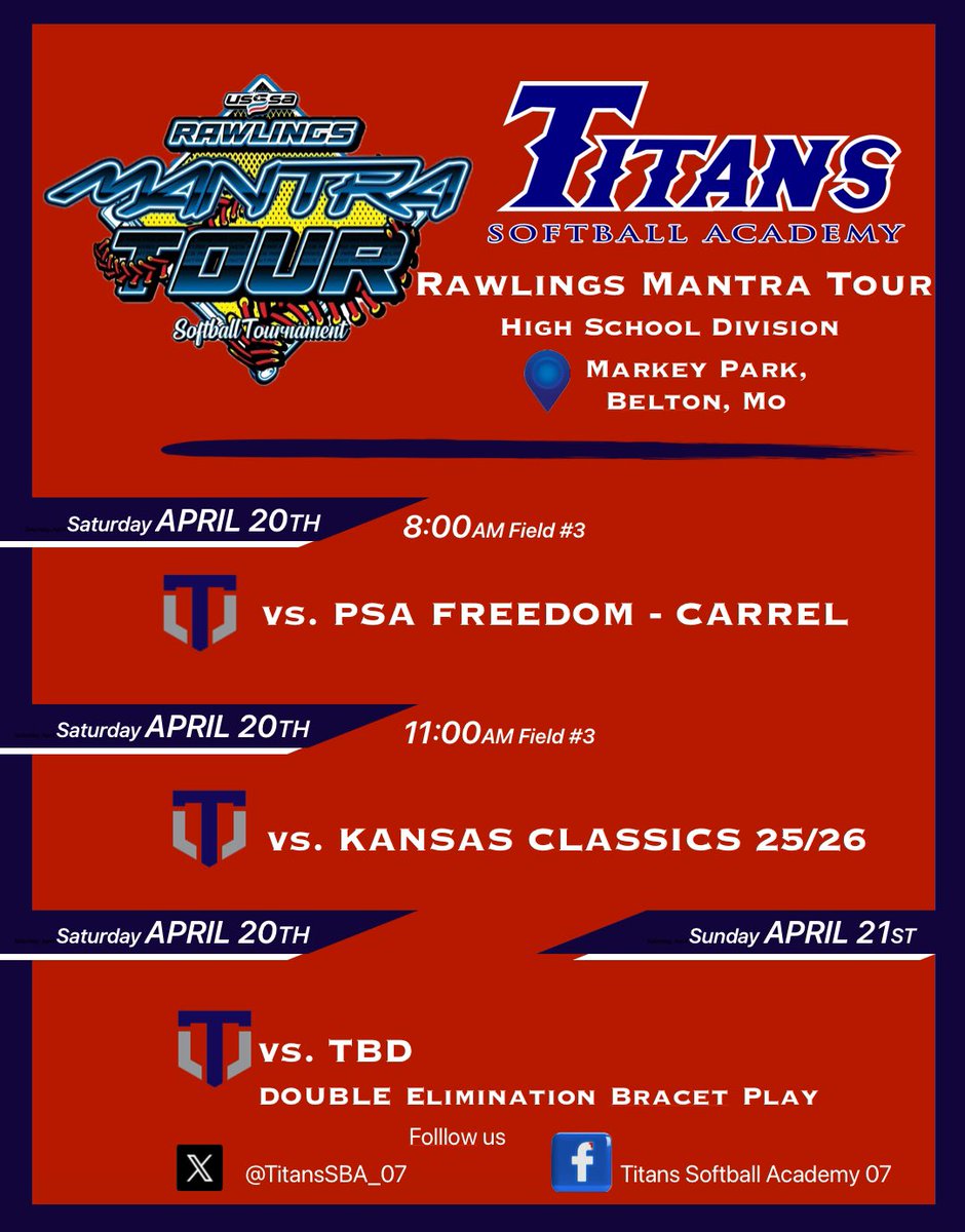Titans Softball Academy ‘07s hitting the Rawlings Mantra Tour this Sat and Sun at Markey Park in Belton, Mo

#efforandattitude  #TitanUp #RaisingTheBar
